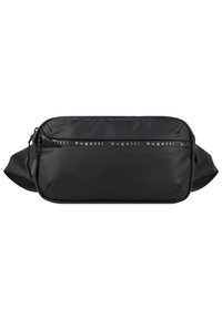 Sacoche en nylon noir avec une texture lisse, dotée d'un compartiment zippé et d'une sangle de marque. Forme compacte et rectangulaire.