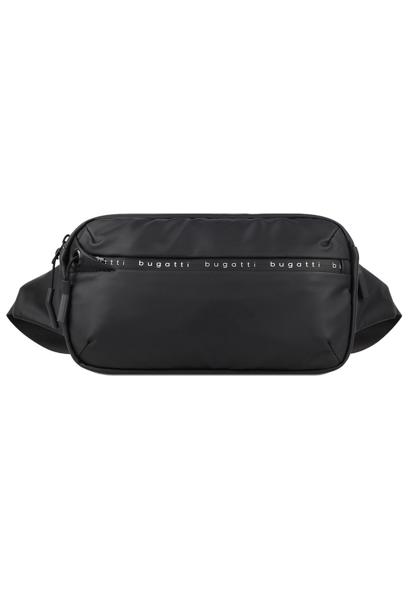 Sacoche en nylon noir avec une texture lisse, dotée d'un compartiment zippé et d'une sangle de marque. Forme compacte et rectangulaire.