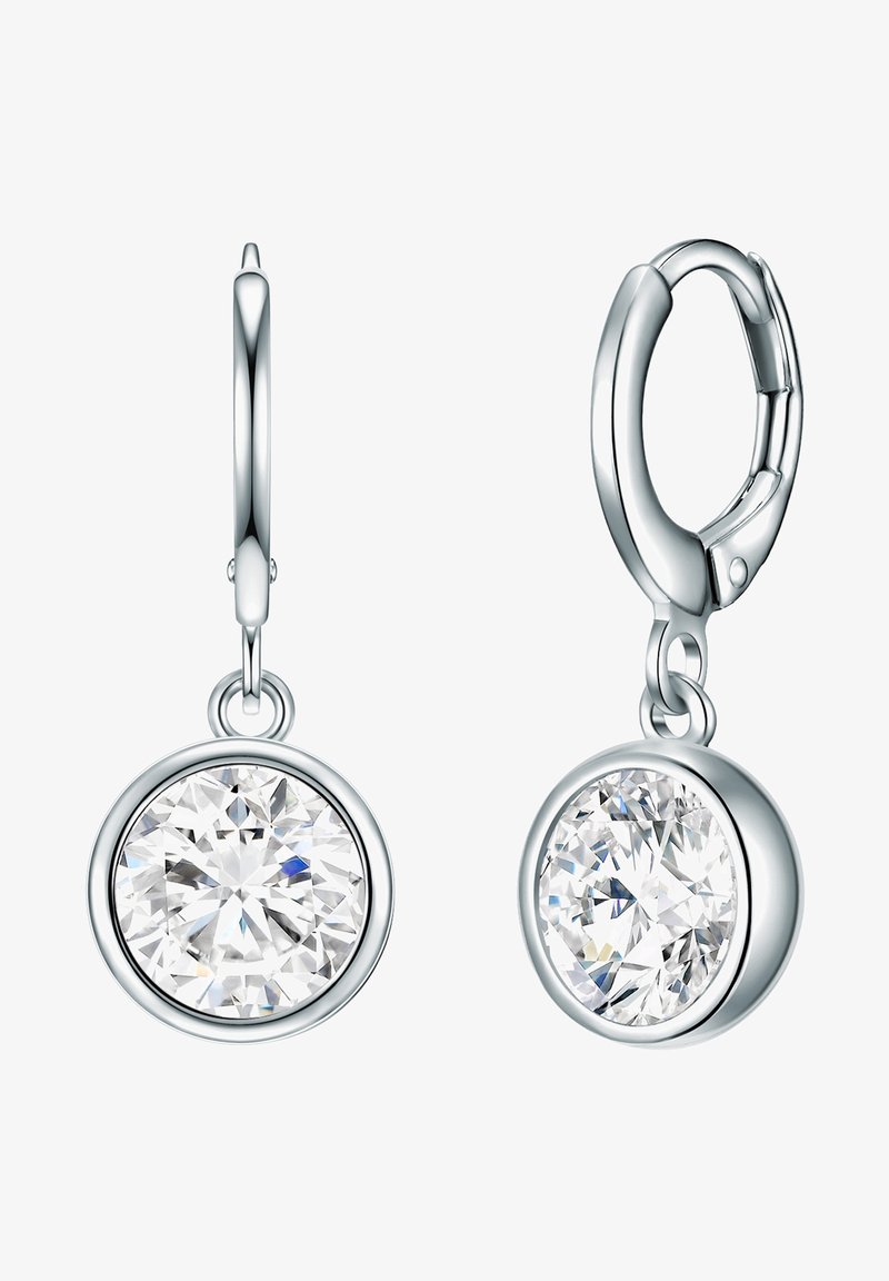 Strieborné kruhové náušnice s veľkým, okrúhlym priehľadným drahokamom obklopeným hladkým rámom. Dizajn má lesklý povrch a bezpečné zapínanie.