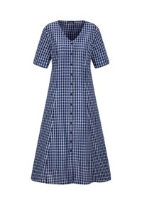 Navy- und weiß kariertes Kleid mit V-Ausschnitt, kurzen Ärmeln, Knopfleiste und A-Linienform. Hergestellt aus leichtem Stoff.