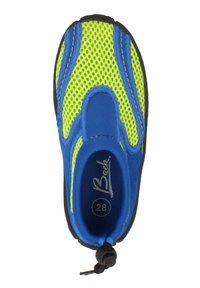 Kinderschuh für das Wasser mit einem Obermaterial aus blauem und neongelbem Mesh, elastischen Verschlüssen für eine gemütliche Passform und einer Gummisohle. Größe 28.