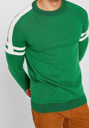 Hombre con suéter de punto verde con rayas blancas en las mangas y pantalones de pana marrones, de pie con las manos detrás de la espalda.