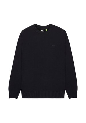 Black knitted crewneck sweater with ribbed cuffs and hem. Small logo detail on chest. Soft texture, classic fit, and solid color design.