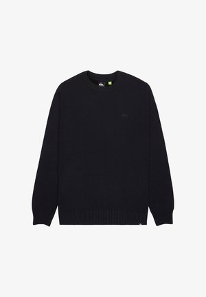 Czarny dziany sweter z okrągłym dekoltem, z prążkowanymi mankietami i dolną krawędzią. Mały detal logo na klatce piersiowej. Miękka faktura, klasyczny krój i jednolity kolor.