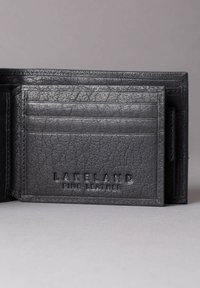 Black leather wallet with a textured surface, multiple card slots, and embossed "LAKELAND FINE LEATHER" branding on the front.