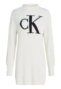 Maglione bianco a coste concollo alto e logo "CK" nero. Presenta maniche lunghe e una vestibilità comoda con superficie texturizzata.