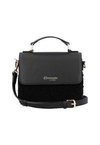 Black handbag with a textured fuzzy fabric body, smooth leather flap, gold hardware accents, and an adjustable strap.