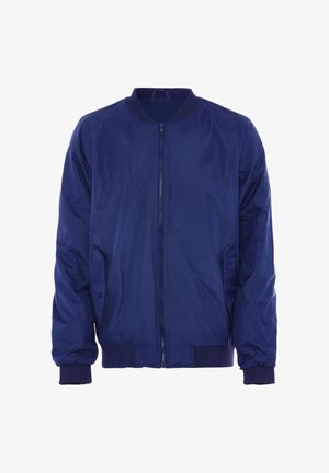 Granatowa kurtka bombowa z gładkiego materiału, z zapięciem na zamek, prążkowanym kołnierzem, mankietami i dołem. Wyposażona w dwie boczne kieszenie. Prosty, bez dodatkowych ozdobników design.