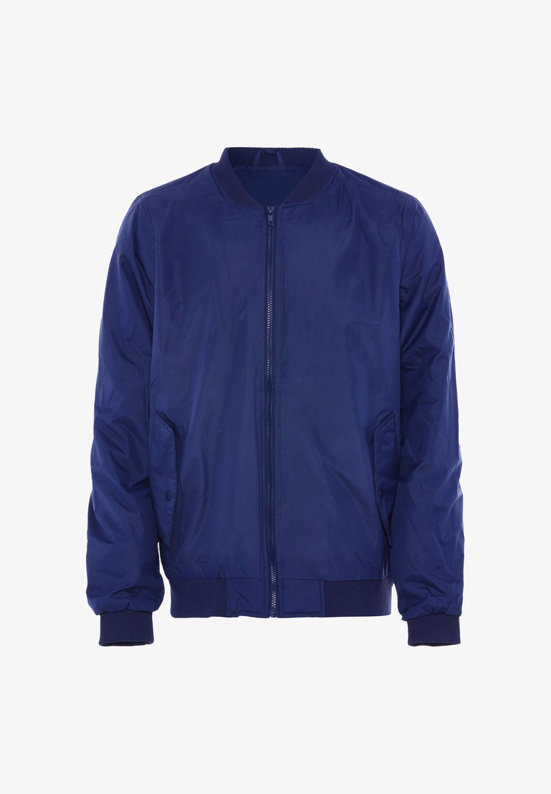 Tamsiai mėlynas bombonešis su lygiu audiniu, su užtrauktuku priekyje, su iškilimais ant apykaklės, rankogalių ir apačios. Yra dvi šoninės kišenės. Paprastas, neišpuoštas dizainas.