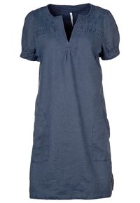 Robe en lin bleu marine avec des manches courtes, un décolleté en V et des coutures détaillées. Comprend deux poches latérales et une coupe décontractée.