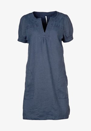 Navy blue linen dress with short sleeves, a V-neck, and detailed stitching. Features two side pockets and a relaxed fit.