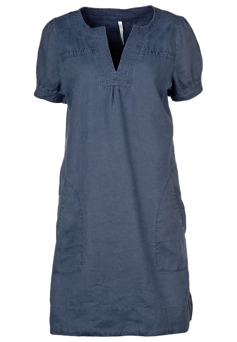 Robe en lin bleu marine avec des manches courtes, un décolleté en V et des coutures détaillées. Comprend deux poches latérales et une coupe décontractée.