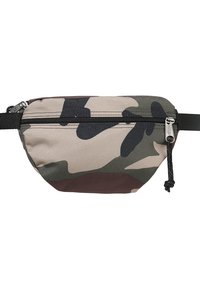 Riñonera de camuflaje hecha de tela, con cierre de cremallera, correa ajustable y una textura suave con patrones en verde oscuro, beige y negro.
