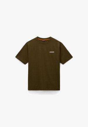 T-shirt in cotone verde oliva con scollo a girocollo, maniche corte e piccolo logo bianco sul petto. Tessuto liscio, vestibilità classica.