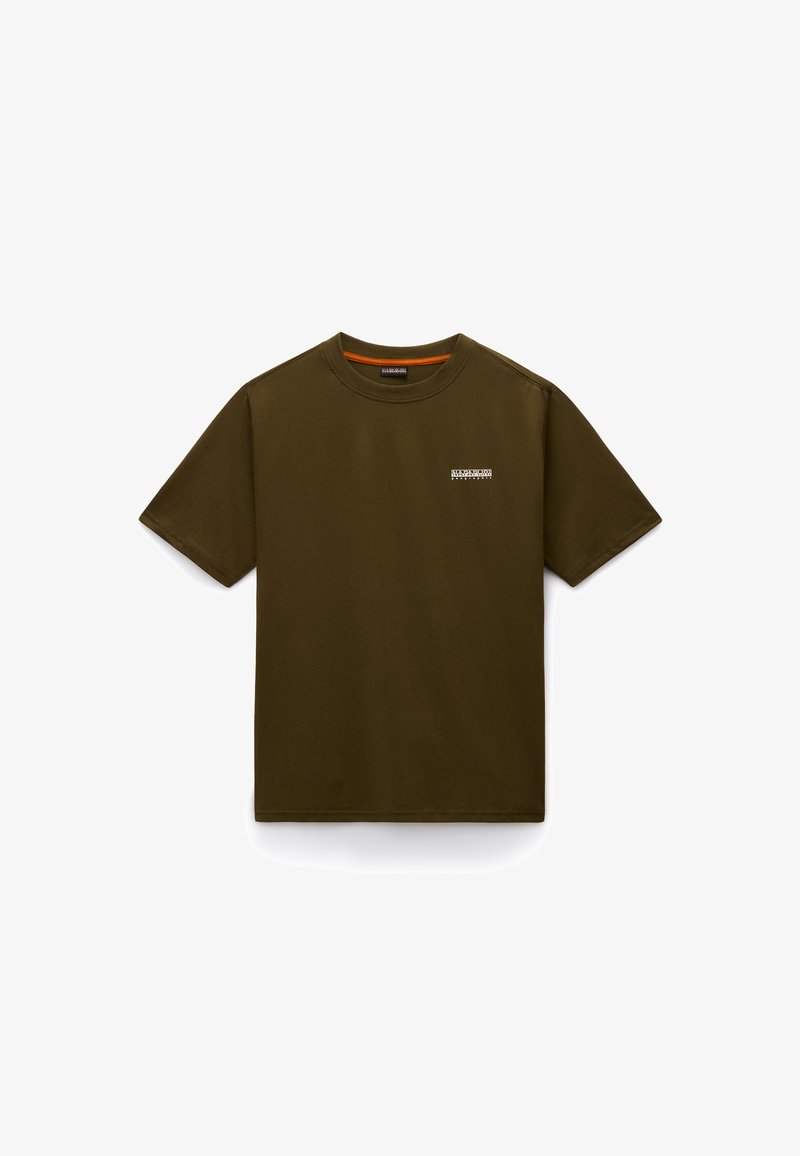 T-shirt in cotone verde oliva con scollo a girocollo, maniche corte e piccolo logo bianco sul petto. Tessuto liscio, vestibilità classica.