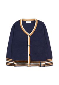 Cardigan bleu marine avec un col en V et un devant à boutons, présentant des rayures crème et moutarde en côte sur les poignets et l'ourlet. Étiquette logo en bas à gauche.
