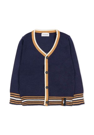 Cardigan navy con scollo a V e chiusura a bottoni, con righe a coste crema e senape su polsini e orlo. Etichetta con logo in basso a sinistra.