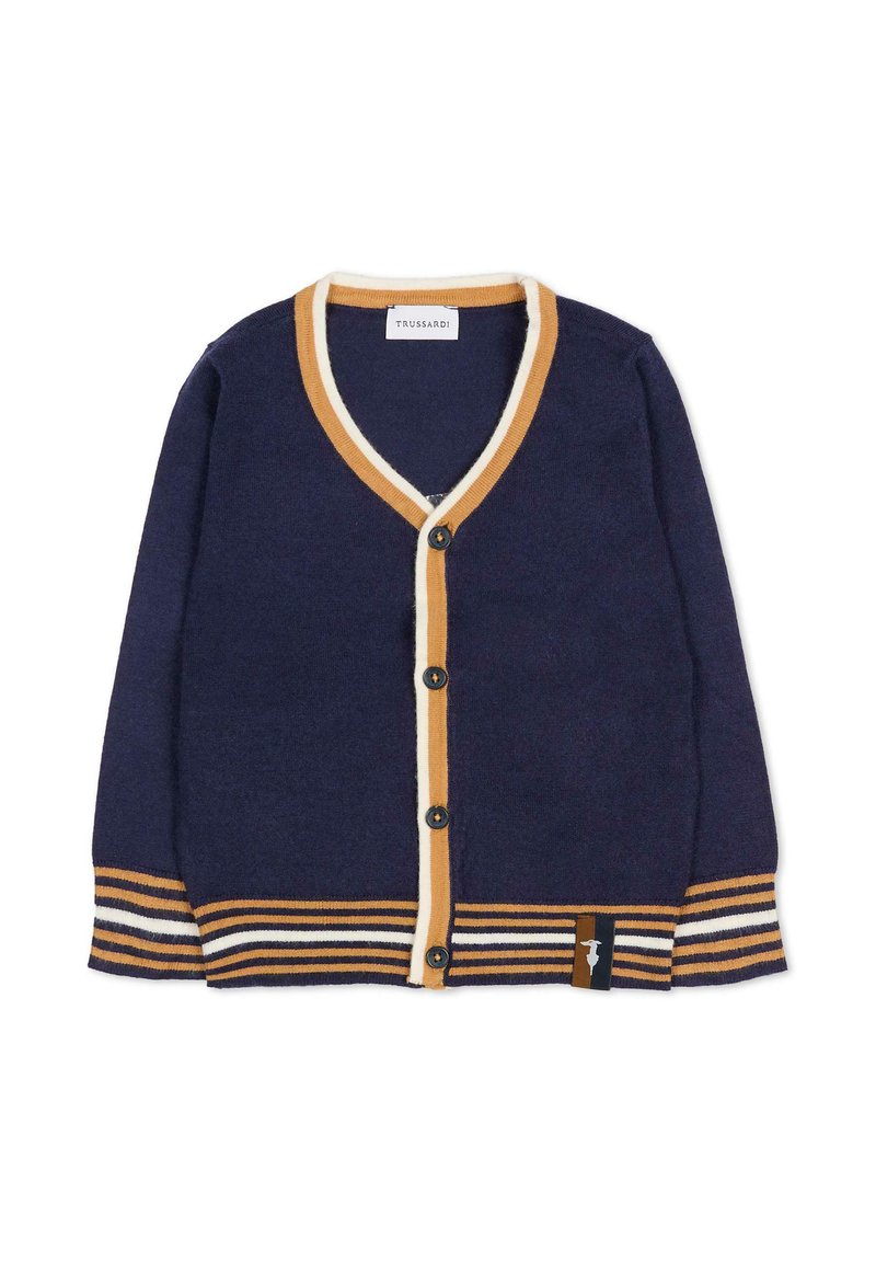 Cardigan bleu marine avec un col en V et un devant à boutons, présentant des rayures crème et moutarde en côte sur les poignets et l'ourlet. Étiquette logo en bas à gauche.