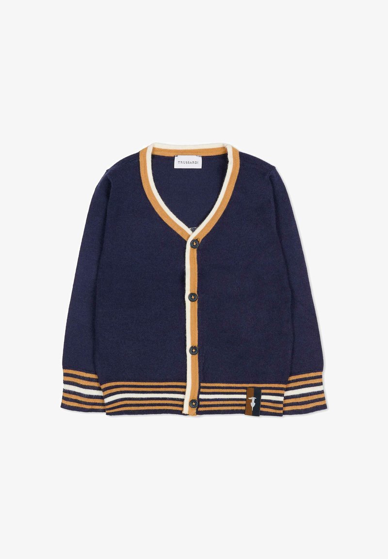 Marine sweater met V-hals en knoopsluiting, met crème en mosterdkleurige gestreepte ribbels op de manchetten en de zoom. Logo-label aan de onderkant links.