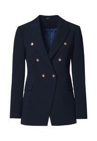 Granatowa, dwurzędowa marynarka w fakturowanej tkaninie, z złotymi guzikami, klapami typu notch oraz dwoma przednimi kieszeniami. Podszyta materiałem w wzory.