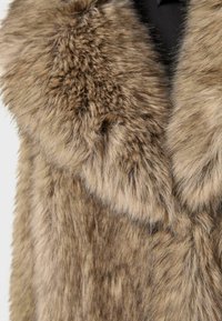 Gros plan sur une fourrure brune douce et dense avec des stries plus foncées sur un vêtement, montrant la texture et les variations naturelles de couleur.