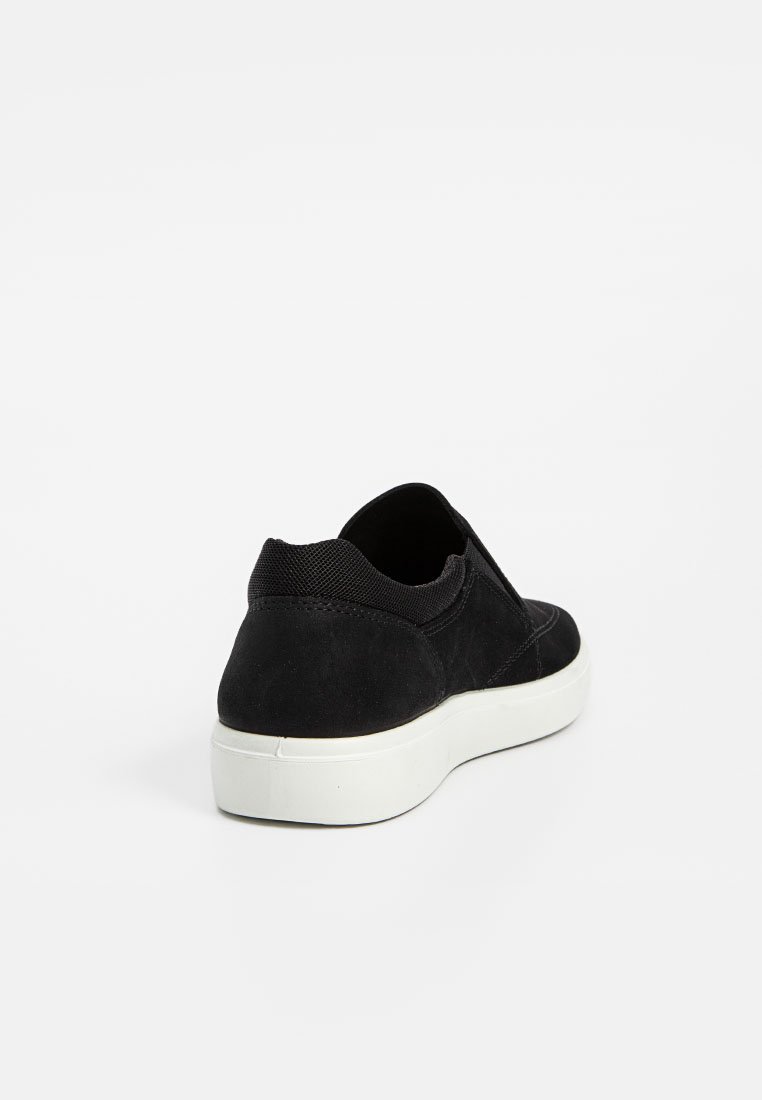 Schwarzer Wildleder-slipper mit weißer Sohle, runder Form und strukturiertem Stoff. Bietet ein minimalistisches Design ohne sichtbare Beschläge.