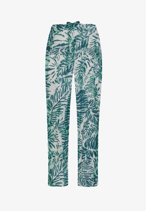 Pantaloni cu imprimeu de frunze verzi și turcoaz pe un fundal deschis, având talie și detaliu cu șnur. Realizați dintr-un material moale, texturat.