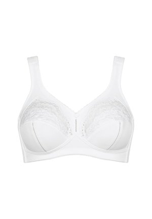 White full-coverage bra with lace detailing on upper cups, wide supportive straps, and a small decorative button at the center front.