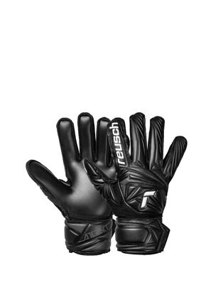 Guantes de portero Reusch negros con palmas de agarre texturizadas y parte trasera acolchada, con correas ajustables en la muñeca y detalles de la marca.
