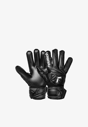 Gants de gardien Reusch noirs avec paumes texturées antidérapantes et dos rembourrés, équipés de sangles de poignet ajustables et détails de marque.