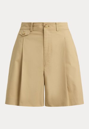 Ψηλόμεσοι μπεζ σορτς με πιέτες, θηλιές για ζώνη, εμπρόσθιο κουμπί και μια μικρή θήκη με κουμπί στην αριστερή πλευρά.