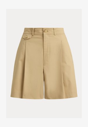 Beżowe krótkie spodenki z wysokim stanem, plisami, szlufkami na pasek, guzikiem z przodu oraz małą kieszonką na lewej stronie zapinaną na guzik.
