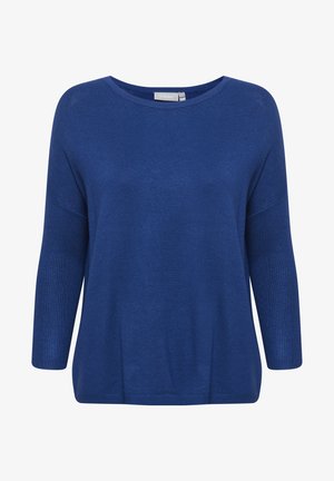 Kék, könnyű pulóver kerek nyakkivágással, háromnegyedes ujjal és bordázott textúrával. Laza fazon, varrat nélküli oldalakkal és látható fém díszítés nélkül.