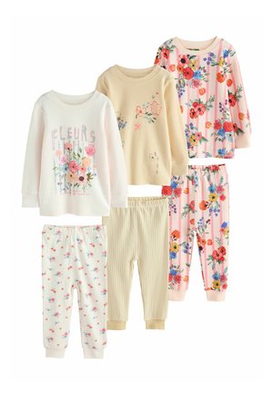 Three sets of children's long-sleeve floral printed pajamas with matching pants in pink, cream, and beige tones.