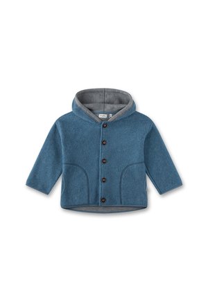 Blaues Wollmischung-Hoodie mit grauem Innenfutter, ausgestattet mit einem runden Kragen, Knopfverschluss und zwei Fronttaschen. Klassisches, lässiges Design.