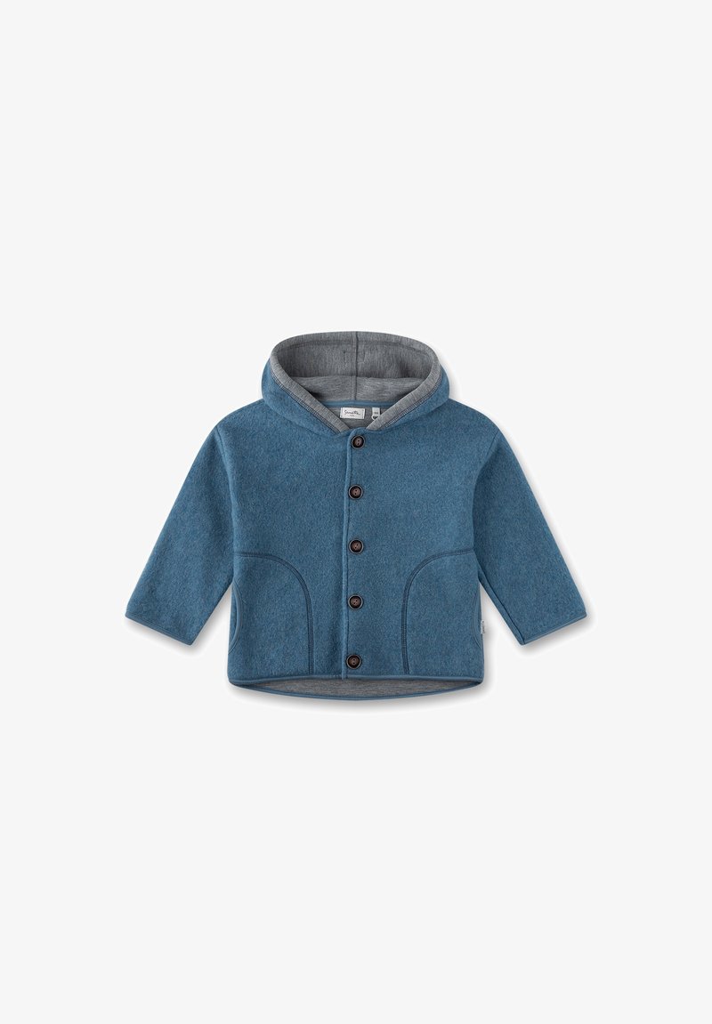 Blue wool blend hoodie with a grey interior, featuring a rounded collar, button closure, and two front pockets. Classic, casual design.