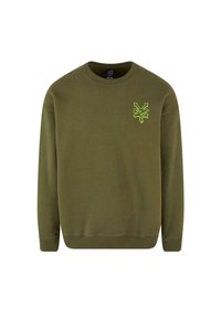 Olijfgroene sweatshirt met een ronde halslijn, lange mouwen en een vooraan links geborduurd logo in lichtgroen, gemaakt van zachte stof.