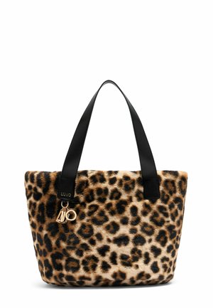 Leopard print tote bag with black leather handles, plush texture, and a gold accent keychain detail. Structured design with open top.