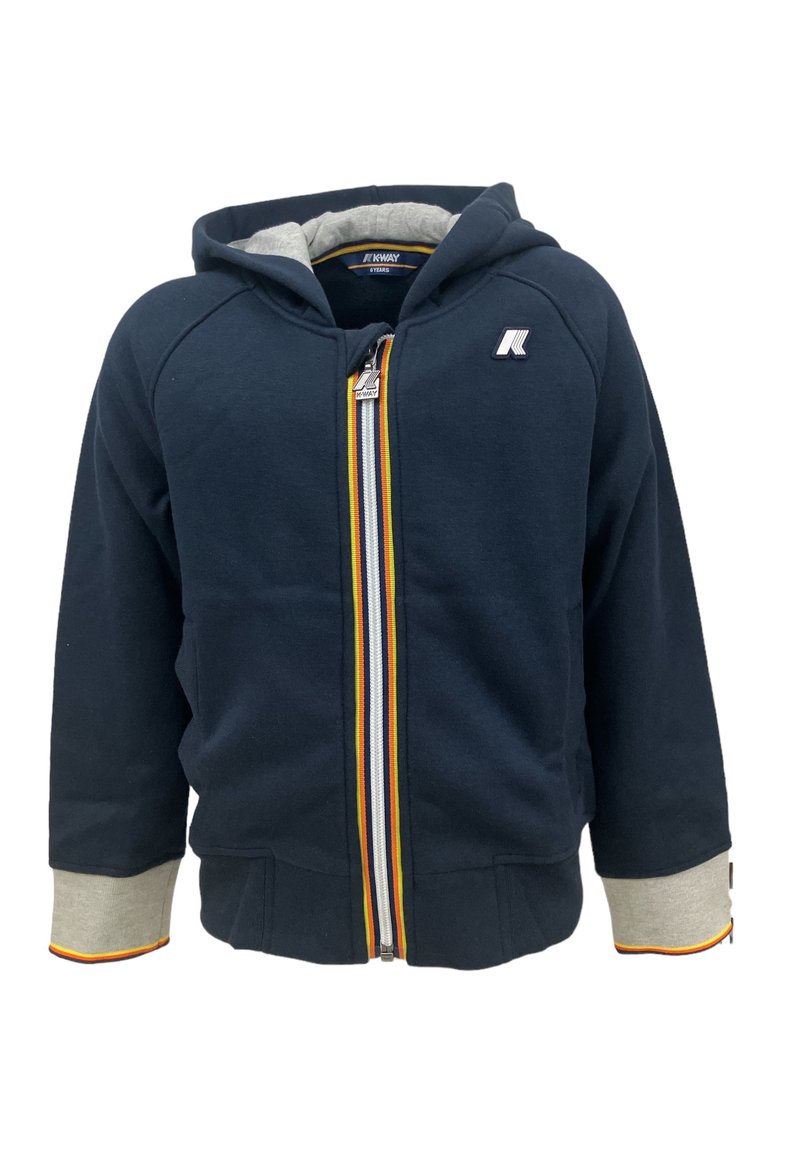 Felpa con zip blu navy realizzata in misto cotone, con interno grigio, polsini a coste con dettagli arancioni e una cerniera colorata.