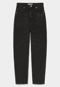 Vaqueros de mezclilla negros de cintura alta con un corte recto. Presentan un diseño clásico de cinco bolsillos y un ligero desgaste en los muslos.