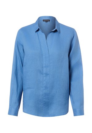 Niebieska lniana koszula z długim rękawem, kołnierzykiem i krytą plisą na guziki, wyświetlona na białym tle.