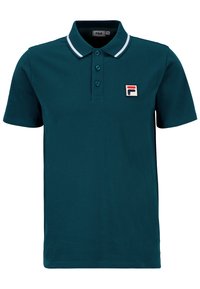 Polo shirt in cotone teal con maniche corte, pattina a due bottoni, colletto a strisce bianche e logo ricamato in rosso e blu.