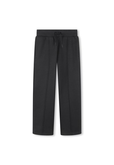 Pantalon de survêtement noir en tissu doux, doté d'une taille élastique avec un cordon de serrage, de deux poches latérales et de coutures discrètes.