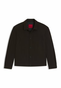 Black button-up jacket with a collar, two front pockets, and contrasting red label inside. Features a smooth texture and tailored fit.