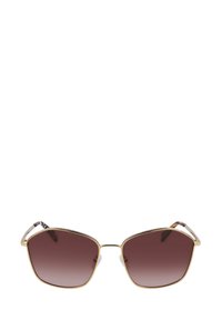 Ochelari de soare cu ramă aurie, lentile maro cu degradé, formă patrată, cu temple accentuate și un model texturat pe brațe. Design minimalist.