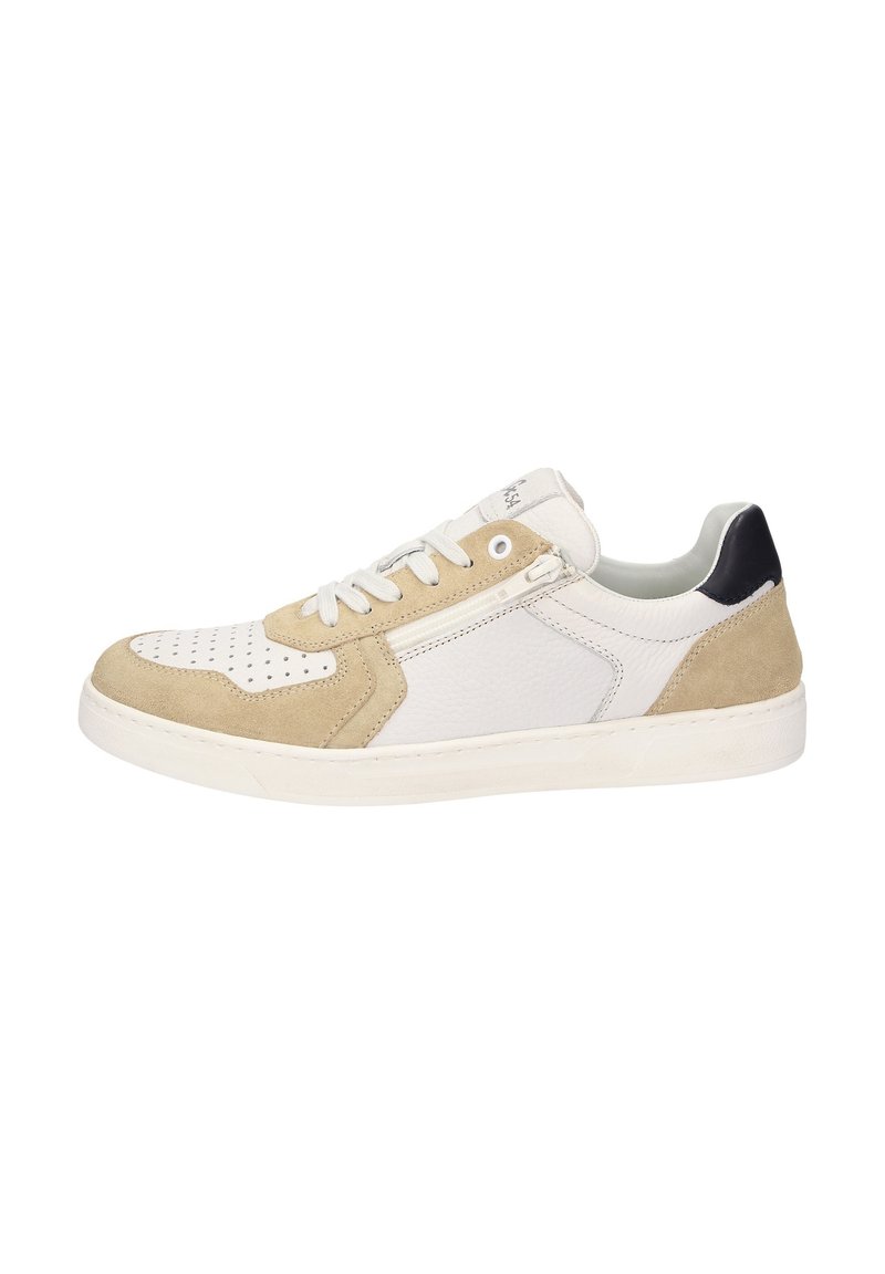 Beige und weiße Sneaker aus perforiertem Leder, mit Suede-Akzenten und schwarzem Fersenbereich. Mit einer strukturierten Oberfläche, Schnürdesign und Gummisohle.