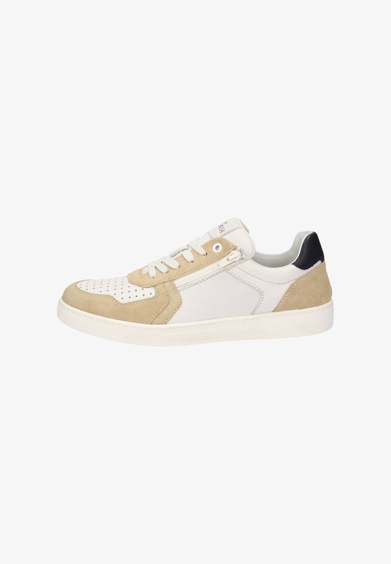 Beige und weiße Sneaker aus perforiertem Leder, mit Suede-Akzenten und schwarzem Fersenbereich. Mit einer strukturierten Oberfläche, Schnürdesign und Gummisohle.