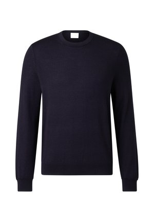 Granatowy sweter z okrągłym dekoltem wykonany z miękkiej tkaniny, z długimi rękawami, ściągaczami na mankietach i prostym designem bez wzorów czy ozdób.