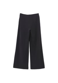 Zwarte, wijde cropped broek met een gladde tailleband, gemaakt van een zachte, vloeiende stof, weergegeven op een witte achtergrond.
