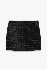 Sort tweed mini nederdel med et struktureret, ternet mønster, der har en lige silhuet uden synlige lukninger eller detaljer.